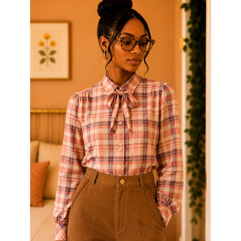 Vintage 70's Act III Women's Plaid Pussybow Tie Blouse Secretary Dark Academia